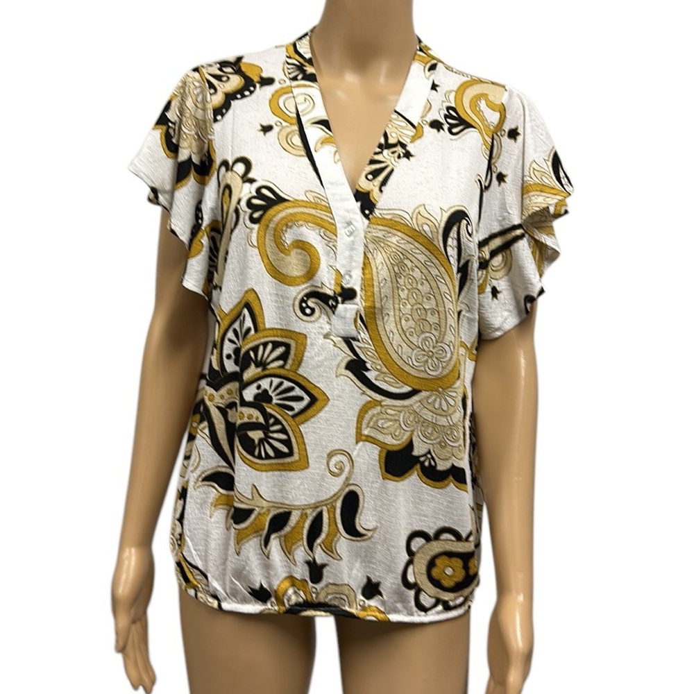 Alex & Parker Paisley Print Cap Ruffle Sleeve V Neck Half Button Up Blouse Large